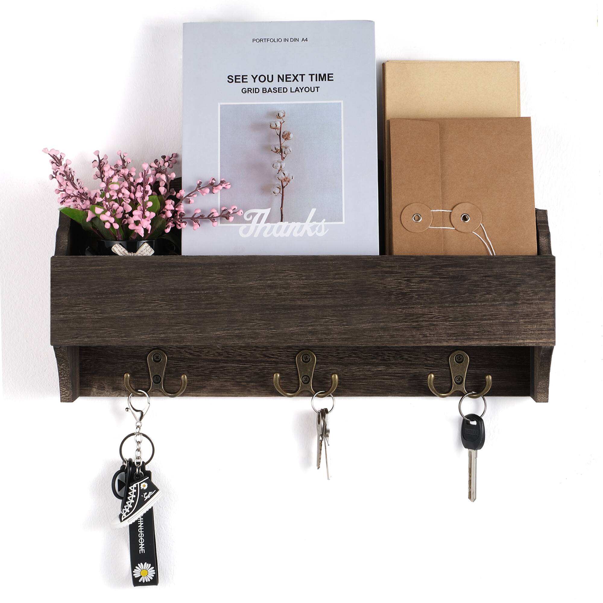 NEX™ Rustic Brown Wall-Mounted Wooden Key Rack with 3 Double Key Hooks